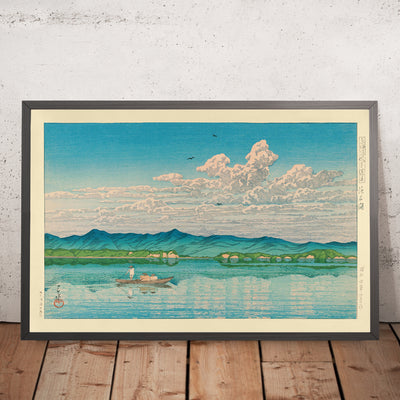 A framed image of Lake Hamana by Hasui Kawase, 1935