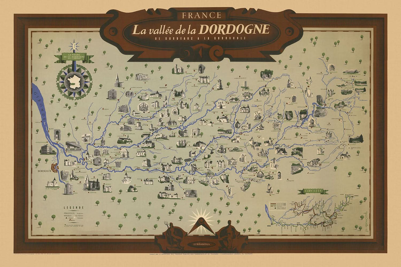 Alte Karte von Dordogne von Moles, 1948: Wein, Sehenswürdigkeiten, Bordeaux, Schlösser 