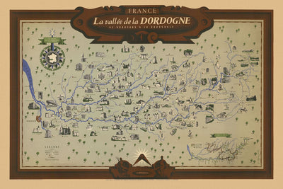 Mapa antiguo ilustrado de Dordoña realizado por Moles en 1948: Burdeos, río Dordoña, Tours, lugares de interés, ruinas