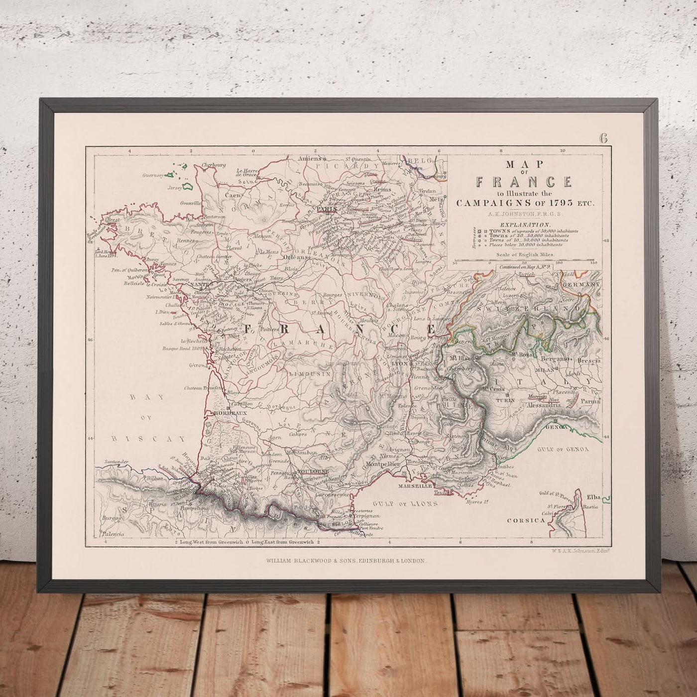 Antiguo mapa militar de las campañas revolucionarias francesas de Johnston, 1793: París, Lyon, Marsella, batallas, rutas