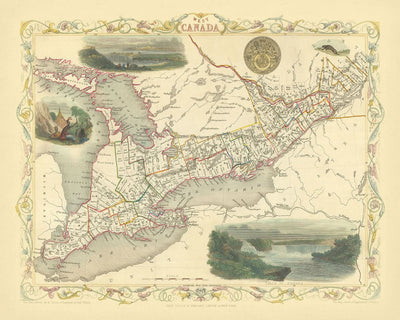 Ancienne carte du Canada par Tallis, 1851 : Toronto, chutes du Niagara, lac Érié, Kingston, vignettes