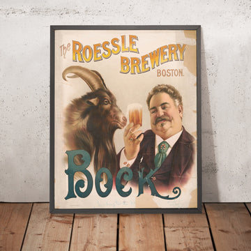 A framed image of The Roessle Brewery Boston Bock Poster by Henry Jerome Schile, 1894