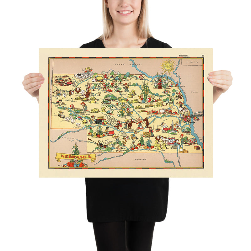 Mappa Pittorica del Nebraska di Ruth Taylor White, 1935: Omaha, Lincoln, Fiume Platte, Sandhills, Ferrovie 