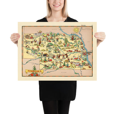Pictorial Map of Nebraska by Ruth Taylor White, 1935: Omaha, Lincoln, Platte River, Sandhills, Railroads