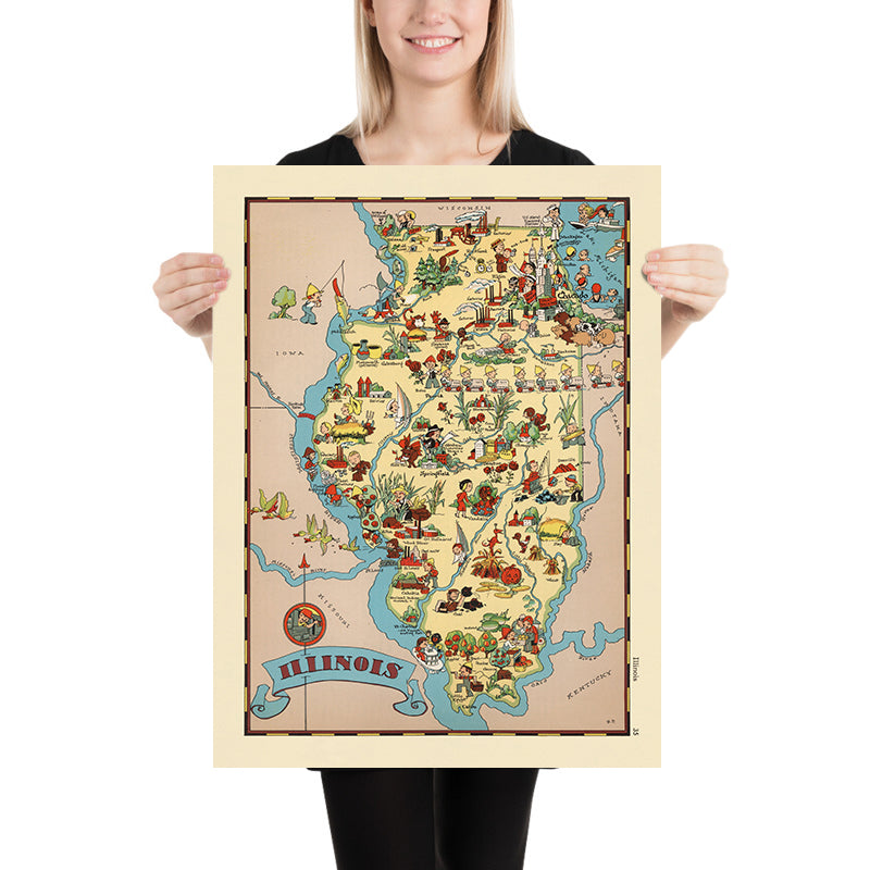 Pictorial Map of Illinois by Ruth Taylor White, 1935: Chicago, Springfield, Peoria, Mississippi & Illinois Rivers, County Boundaries