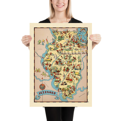 Pictorial Map of Illinois by Ruth Taylor White, 1935: Chicago, Springfield, Peoria, Mississippi & Illinois Rivers, County Boundaries