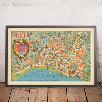 Alte bildliche Karte von Nizza von Poisson, 1950: Promenade des Anglais, Victorine Studios, Schloss, Notre Dame, Baie des Anges 