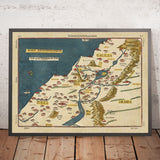 Ancienne carte de la Terre Sainte par Bunting, 1581 : Palestine, 12 tribus, Judée, Samarie, Galilée 