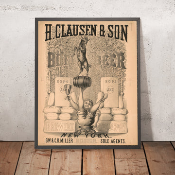 A framed image of H. Clausen & Son Vintage Bock Beer Poster, 1879