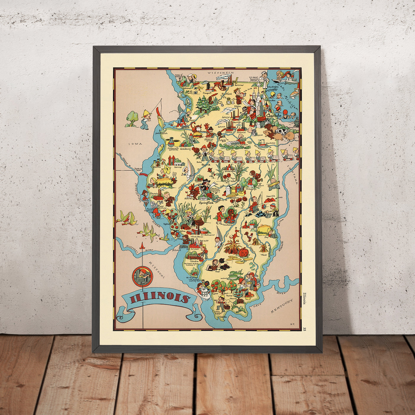 Pictorial Map of Illinois by Ruth Taylor White, 1935: Chicago, Springfield, Peoria, Mississippi & Illinois Rivers, County Boundaries