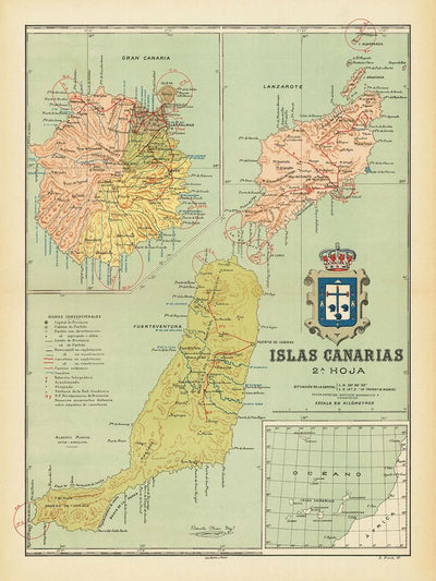 Alte Karte der Kanarischen Inseln von Chias, 1900: Las Palmas, Arrecife, Wappen, Topographie, Straßen