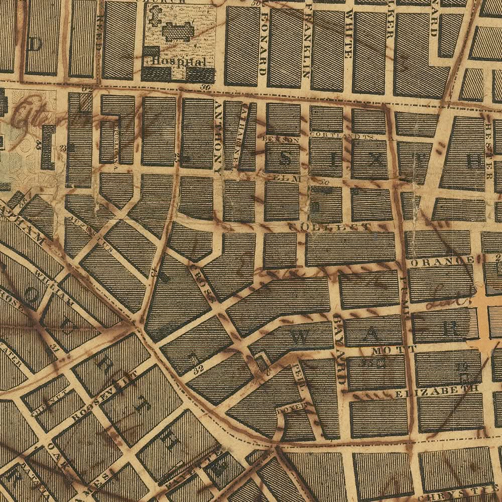 Mapa antiguo de Nueva York de Longworth, 1817: Ayuntamiento, Broadway, Wall Street, plano de Lyne, City Hotel