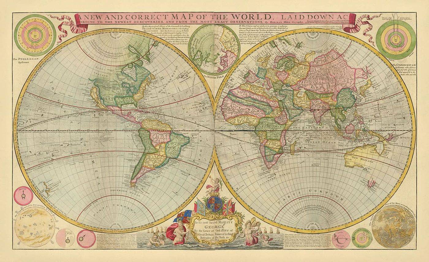 Carte du monde ancien des découvertes mondiales par Moll, 1760 : la Californie comme île, les directions du vent, les diagrammes astronomiques