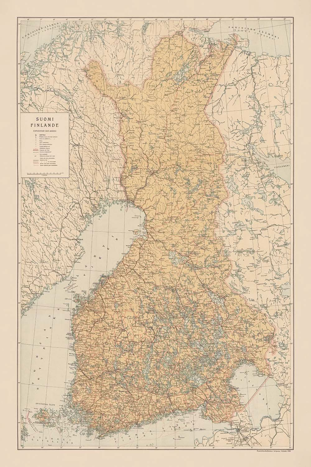 Alte Karte von Finnland (Suomi), 1930: Helsinki, Tampere, Bottnischer Meerbusen, Eisenbahnen, Grenzen