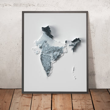 Ein gerahmtes Bild einer topografischen Reliefkarte von Indien im 3D-Stil