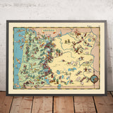 Carte picturale de l'Oregon par Ruth Taylor White, 1935 : Portland, Cascades, Bois, rivière Columbia, Côte 