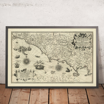 Prima mappa della costa mediterranea italiana di Barentsz, 1595: Napoli, Roma, Capri, Sorrento, Gaeta, Ischia 