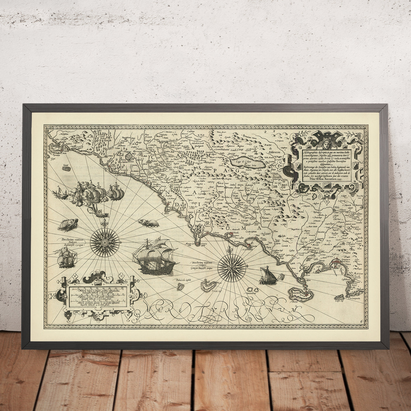 First Map of the Italian Mediterranean Coat by Barentsz, 1595: Naples, Rome, Capri, Sorrento, Gaeta, Ischia