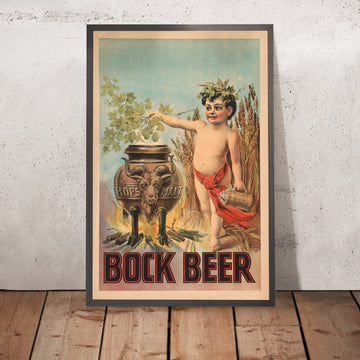 A framed image of Vintage Bock Beer Poster, 1880
