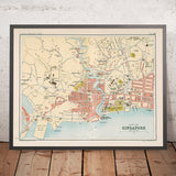 Vecchia mappa di Singapore di Bartholomew, 1893: Singapore River, Ft Canning, Little India, Chinatown, Kampong Glam 