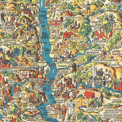 Antiguo mapa ilustrado de Alemania de Faller, 1950: río Rin, castillos, Colonia, Düsseldorf, montañas.