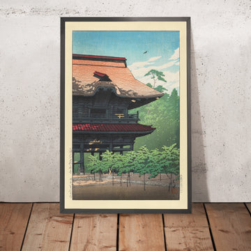 Una imagen enmarcada del templo Kenchoji en Kamakura, de Hasui Kawase, 1935