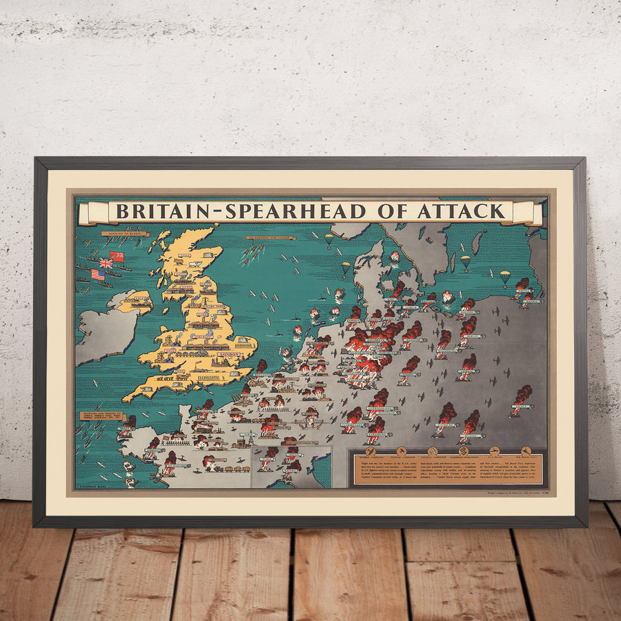 Old Pictorial Military Map of Britain in World War II by Blake, 1944: English Channel, Allied Offensives