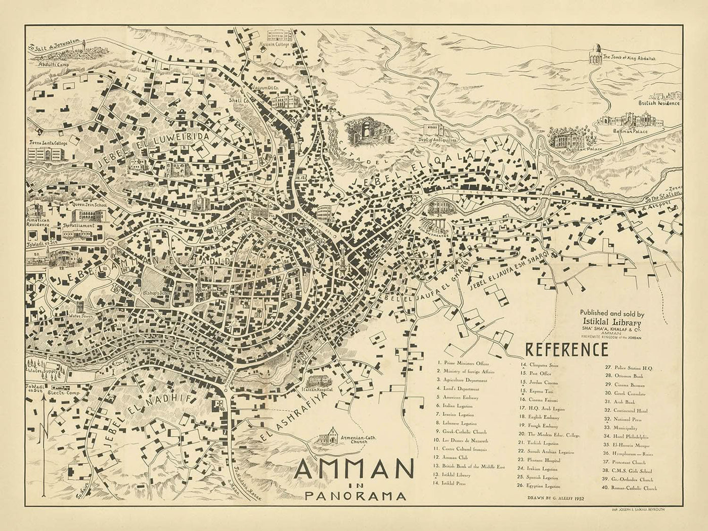 Ancienne carte d'Amman par Aleeff, 1953 : Citadelle, Amphithéâtre, Palais Raghadan, Ambassades, Tombeau du roi Abdallah