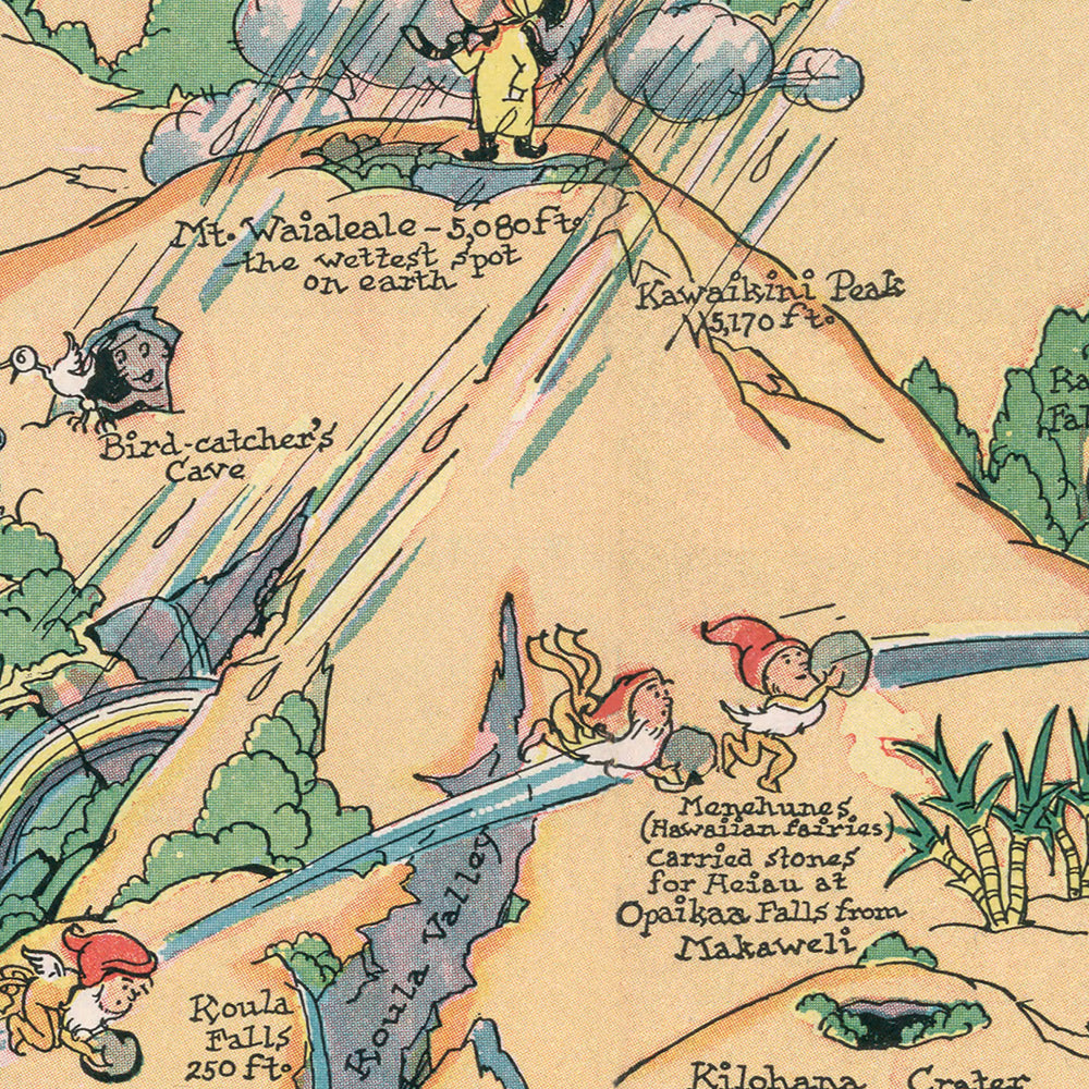 Old Pictorial Map of Kauai, 1935: Waimea Canyon, Na Pali Coast, Hanalei Bay, Mount Waialeale, Wailua River
