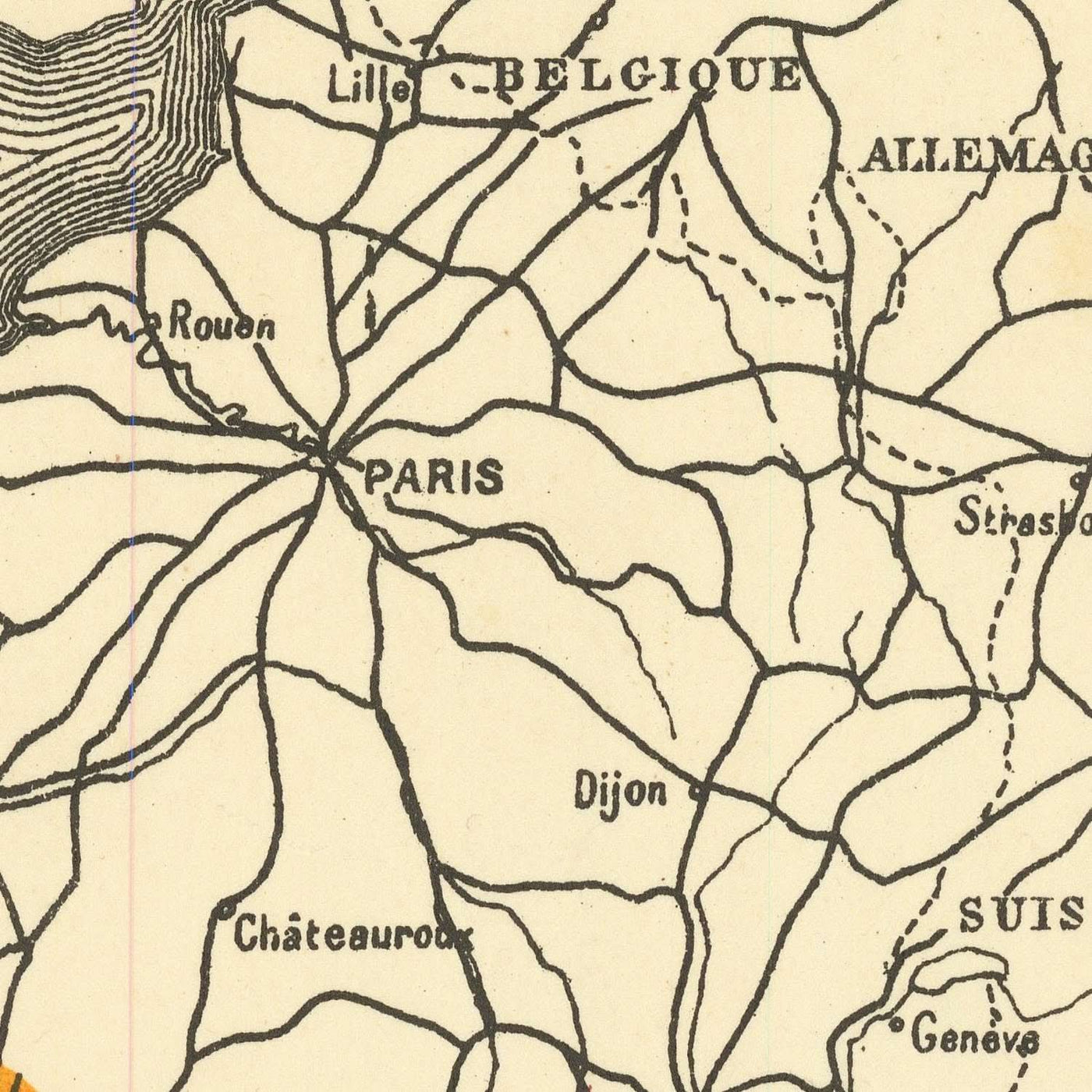 Mapa antiguo de Cognac de Bidoit, 1938: Burdeos, La Rochelle, clasificaciones de los crus, océano Atlántico, ferrocarriles