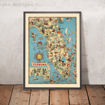Mappa Pittorica della Florida di Ruth Taylor White, 1935: Everglades, Miami, Orlando, Keys, Frutteti di Agrumi 