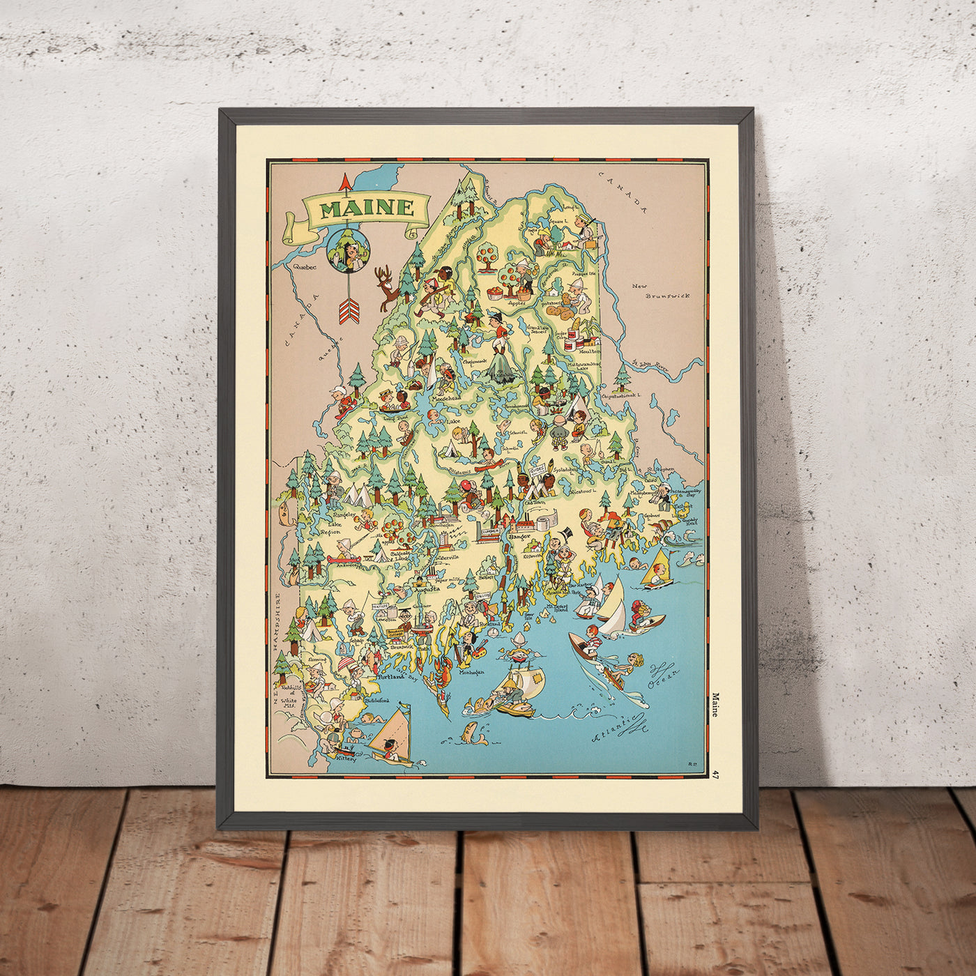 Pictorial Map of Maine by Ruth Taylor White, 1935: Portland, Bangor, Timber, Lobstering, Katahdin
