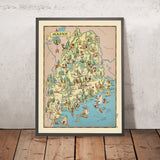 Carte picturale du Maine par Ruth Taylor White, 1935 : Portland, Bangor, bois, pêche au homard, Katahdin 