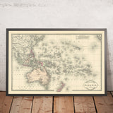 Old Map of Oceania by Tunison, 1881: Mercator projection; colonial empires table; Pacific phantom islands