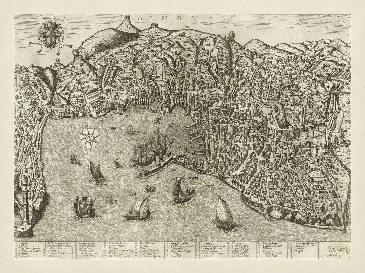 Alte Bildkarte von Genua von Duchetti, 1584: Hafen, Laterna, Aquädukte, Schiffe, Wappen