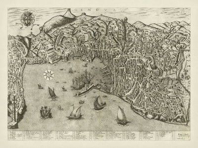 Alte Bildkarte von Genua von Duchetti, 1584: Hafen, Laterna, Aquädukte, Schiffe, Wappen