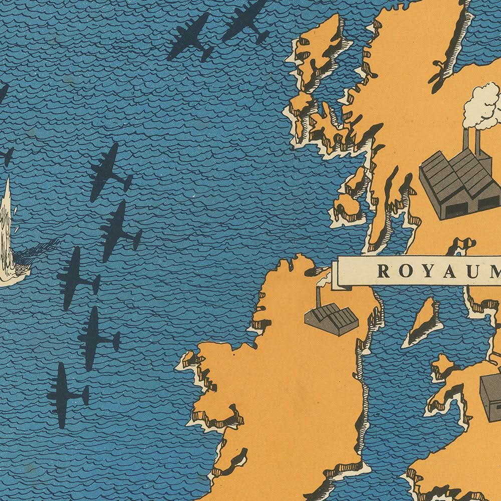 Ancienne carte illustrée de la bataille de l'Atlantique par Blake, 1944 : Royaume-Uni, sous-marins, convois, France, Allemagne