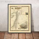 Ancienne carte de la Syrie et de Chypre par John Tallis, 1851 : Palestine, Liban, Damas, Jérusalem, Beyrouth, Nicosie 