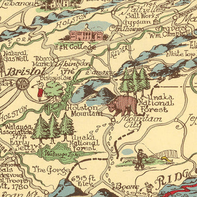 Old Map of the Appalachian Region by Kearfott, 1950: Appalachian Trail, Cumberland Gap, Great Smoky Mountains, Winston Salem