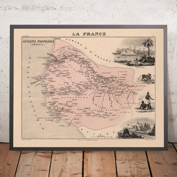 Old Map of Senegal (French Africa) by Vuillemin, 1869: Dakar, Saint-Louis, Senegal & Gambia Rivers, Colonial