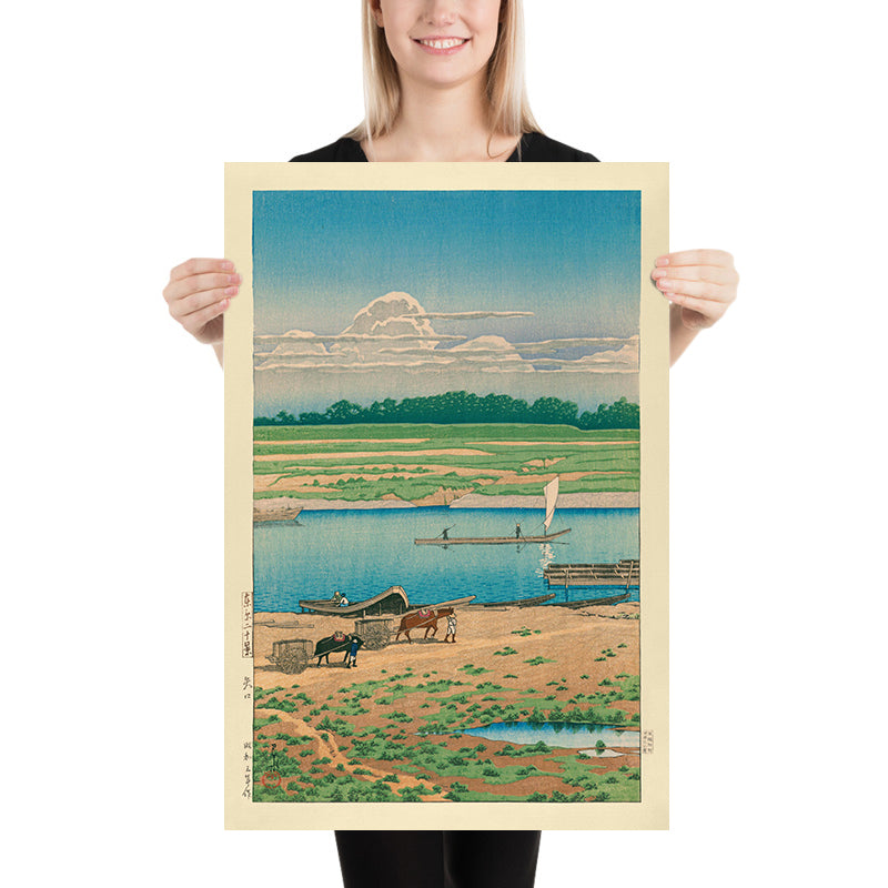 Fluss Segelboot und Pferde von Hasui Kawase, 1935 