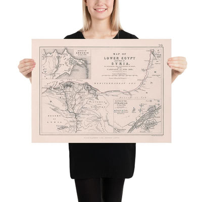 Antiguo mapa militar de las batallas de Napoleón en Egipto y Siria, 1801: Abukir, pirámides, El Cairo, Suez, Nilo