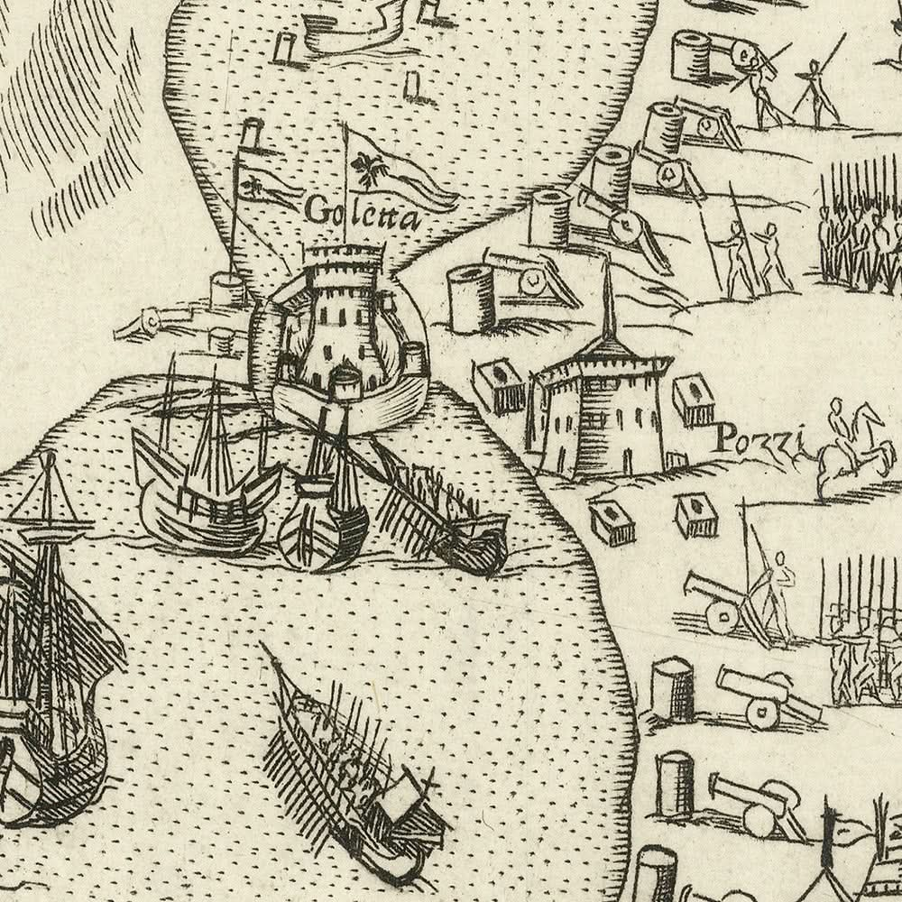 Alte Militärkarte der Eroberung von Tunis durch Zaltieri, 1566: Tunis, La Goletta, Seeschlachten, Borgo Rabat, Ruinen von Karthago