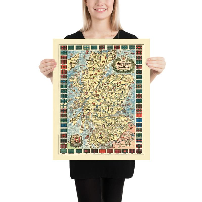 Old Pictorial Map of Scotland, 1935: Edinburgh, Glasgow, Castles, Tartans, Historical Figures