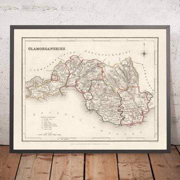 Ancienne carte du Glamorgan, Pays de Galles par Creighton, 1844 : Cardiff, Swansea, Merthyr, Gower, chemin de fer de la vallée de la Taff 