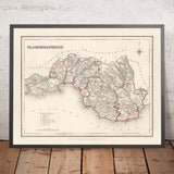Mapa antiguo de Glamorgan, Gales, de Creighton, 1844: Cardiff, Swansea, Merthyr, Gower, Ferrocarril del Valle del Taff 