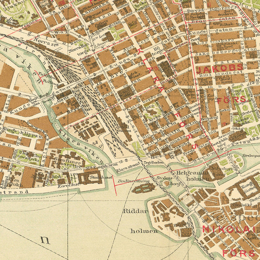 Mappa antica di Stoccolma di Gillberg, 1920: Gamla Stan, Djurgården, Palazzo Reale, Municipio, Stazione Centrale 