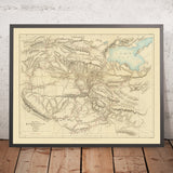 Ancienne carte du Kurdistan par la Société géographique royale, 1865 : lac de Van, Diyarbakir, Erzurum, montagnes 