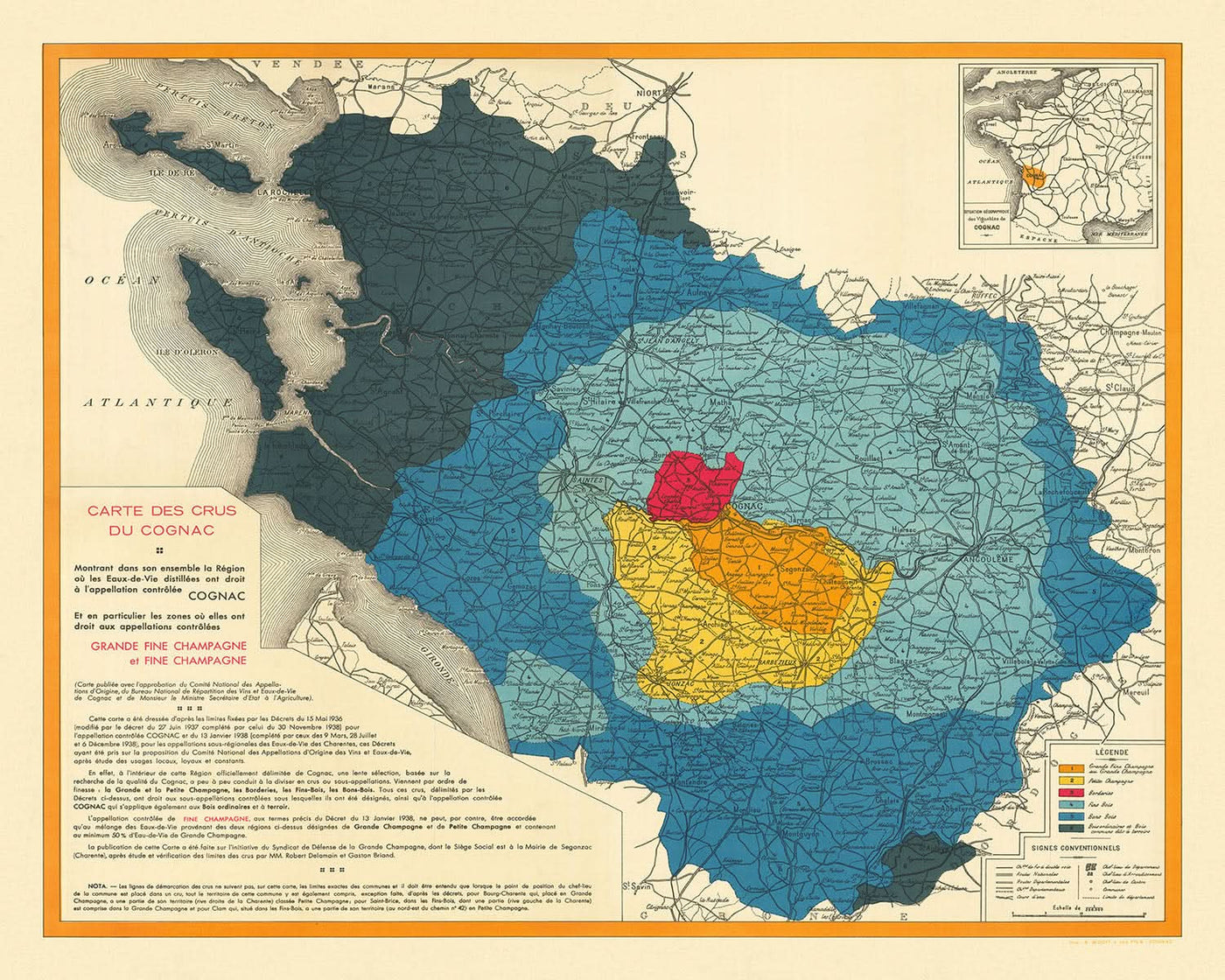 Mapa antiguo de Cognac de Bidoit, 1938: Burdeos, La Rochelle, clasificaciones de los crus, océano Atlántico, ferrocarriles