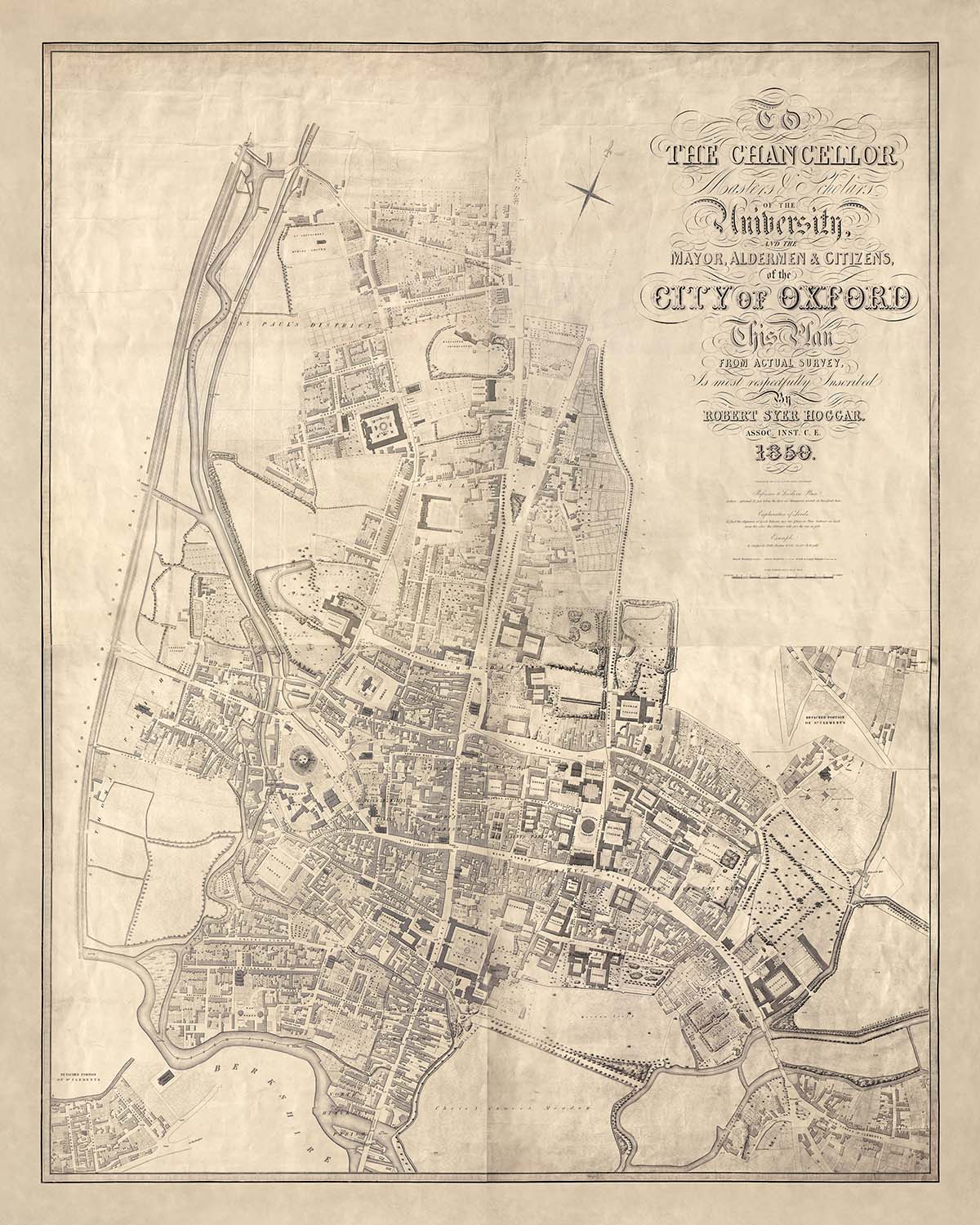 Large Old Map of Oxford by Hoggar, 1850: Colleges, St. Giles', High St, Magdalen St, River Thames